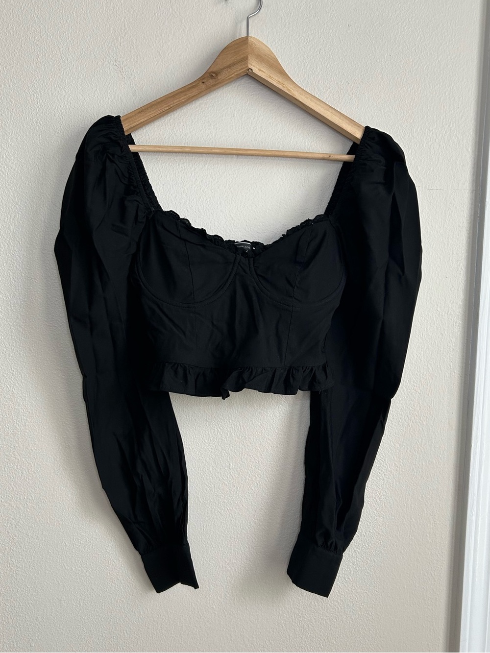 Blue Blush Black Puff-Sleeve Cropped Corset Peasant Ruffle Bustier Blouse Size S